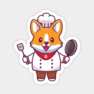 Cute Corgi Chef With Frying Pan And Spatula Magnet