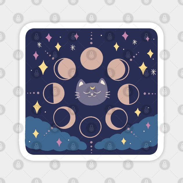 Quirky Moon Phase Cat Magnet by awesomesaucebysandy