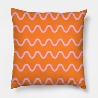 Wavy, Squiggly Lines, Pink on Orange Pillow