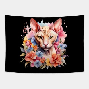 A sphynx cat decorated with beautiful watercolor flowers Tapestry