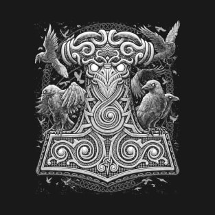 Viking Mjolnir Thors Raven Hammer Norse Pagan Knotwork Ravens T-Shirt