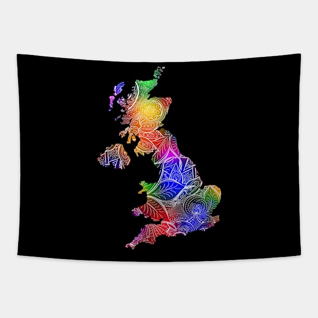 Colorful mandala art map of United Kingdom with text in multicolor pattern Tapestry by Happy Citizen