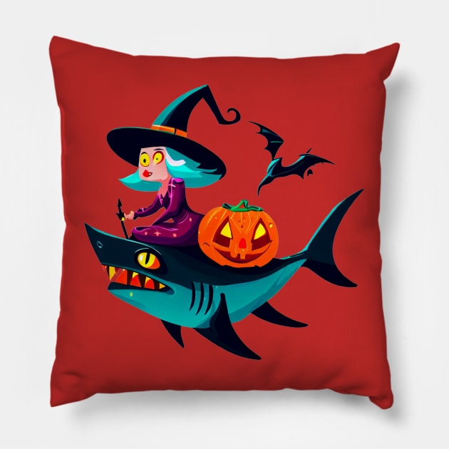 Wicked Witch's Shark Ride: A Spooky Halloween Adventure Pillow by FromHamburg