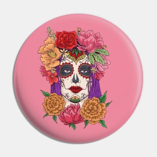 Beautiful Dia de los Muertos Girl with Roses Pin
