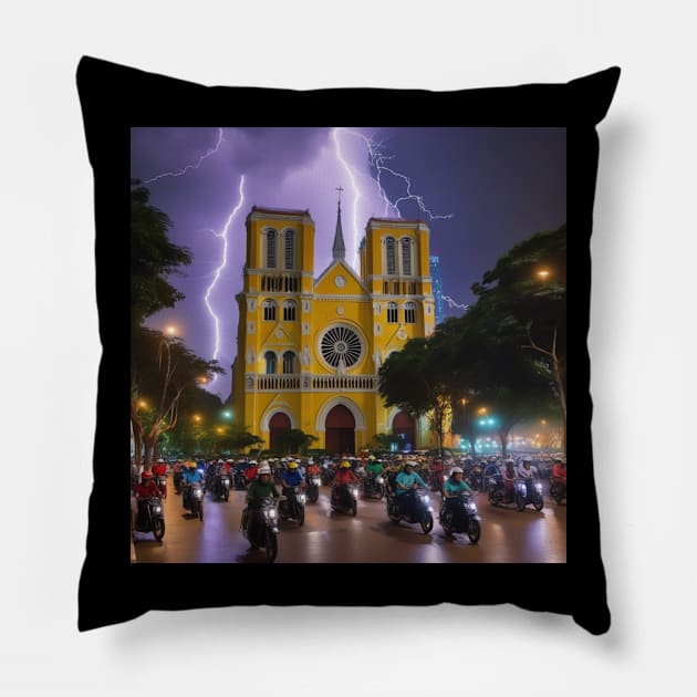 Iconic World Landmarks During A Thunderstorm: Norte Dame Cathedral Saigon Pillow by Musical Art By Andrew