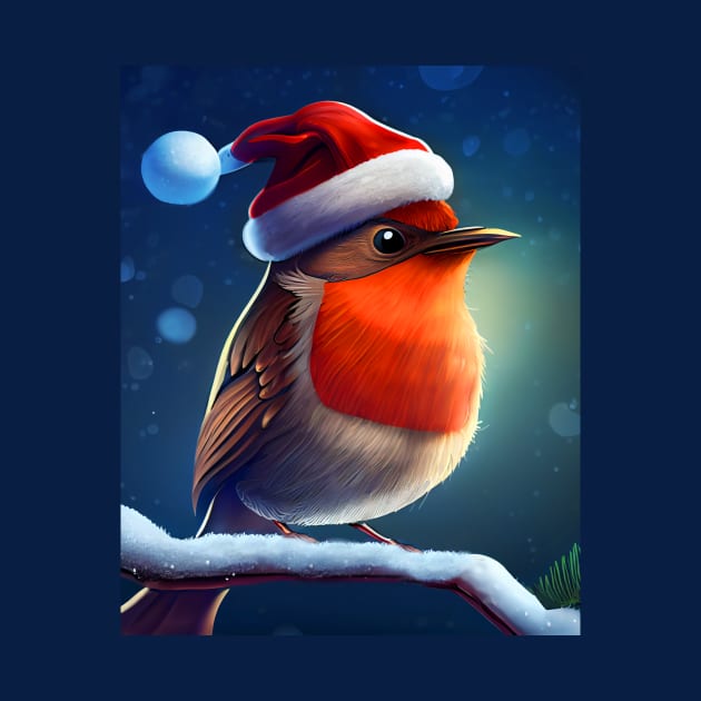 Christmas Robin Bird with a Santa Hat Sits on a Snowy Branch by KOTOdesign