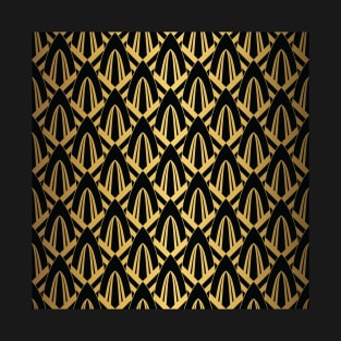 Gold Foil on Black Retro Vintage Art Deco Geometric Cross-Hatched Cone Pattern T-Shirt