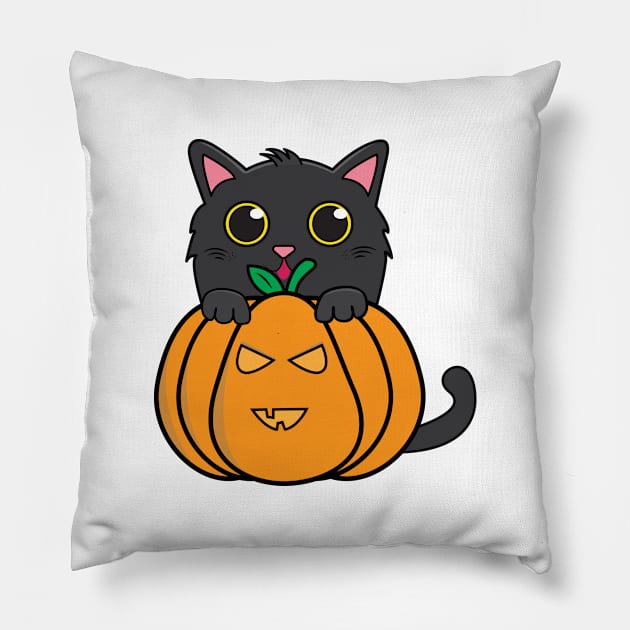 Cute black kitty halloween pumpkin Pillow by Rebrand