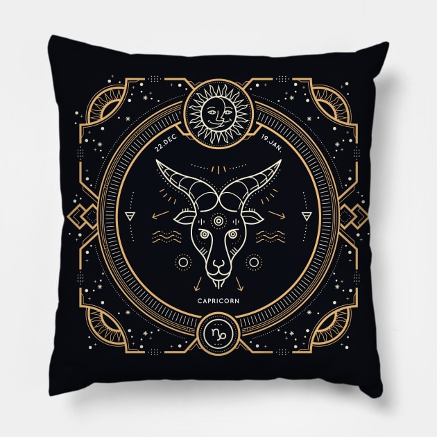 Capricorn Zodiac Gold White on Black Background Pillow by susannefloe