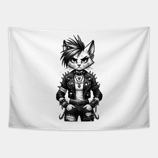 Black and White Punk Cat Tapestry by OddHouse