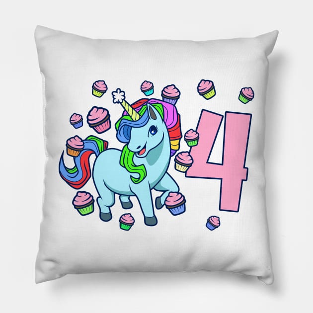 I am 4 with unicorn - girl birthday 4 years old Pillow by Modern Medieval Design