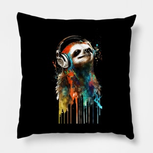 Sloth Painting With Headphones Listening to Music Pillow