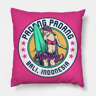 Retro Surfer Babe Badge Padang Padang Beach Bali Indonesia Pillow