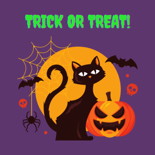 Halloween Trick or Treat spooky cat and pumpkin T-Shirt