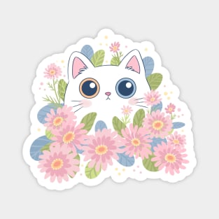 Cute white cat surrounded by pink flowers art Magnet