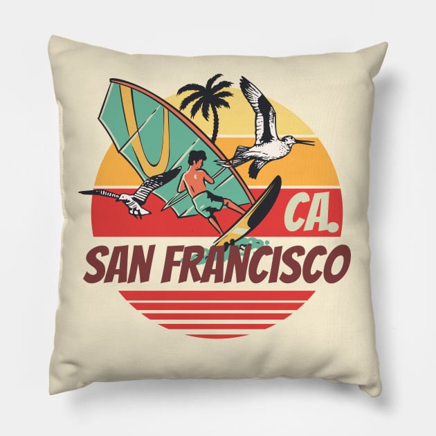 Windsurf San francisco ocean seagulls vintage sunset Pillow by SpaceWiz95