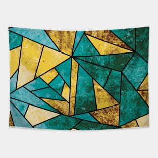 Teal and Gold Geometric Stained Glass Mosaic Tapestry