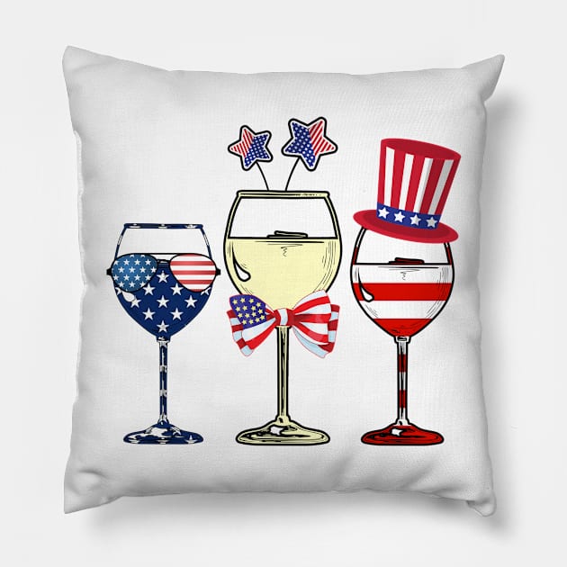 Red White Blue Wine Glasses American Flag Pillow by dreadtwank