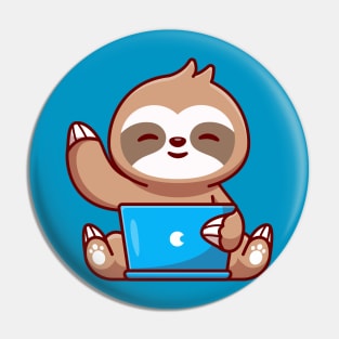Cute Sloth Working On Laptop Cartoon Pin