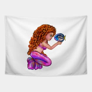 Mermaid Red head anime mermaid with blue tang fish, beautiful girl with Amber hair, green eyes and Cherry pink lips Tapestry