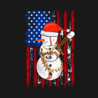 Christmas Snowman Playing Baseball Us Flag Xmas Background T-Shirt