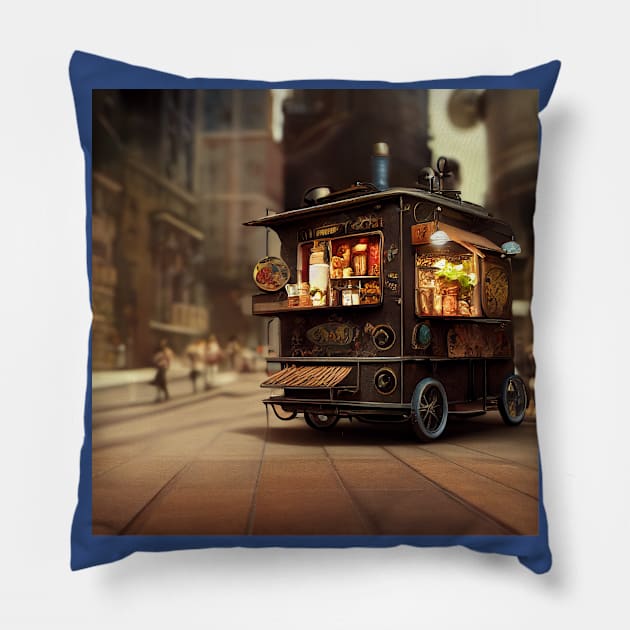 Steampunk Tokyo Ramen Cart Pillow by Grassroots Green