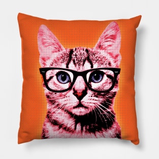 Pop Art Geek Cat in Orange Background - Print / Home Decor / Wall Art / Poster / Gift / Birthday / Cat Lover Gift / Animal print Canvas Print Pillow