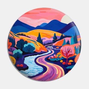 Digital Landscape Art in the Style of Matisse - Orange Sky, Blue Mountain, Orange Valley Pin