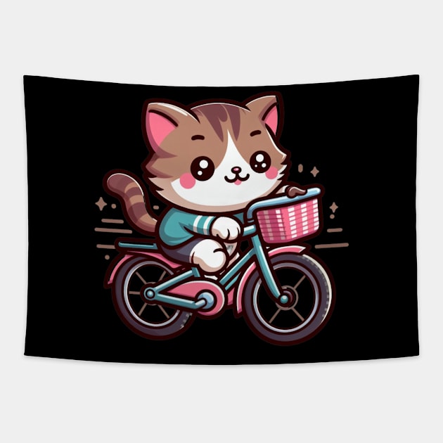 Pedaling Purr-fection: The Cute Cat On Bicycle Tapestry by Divineshopy