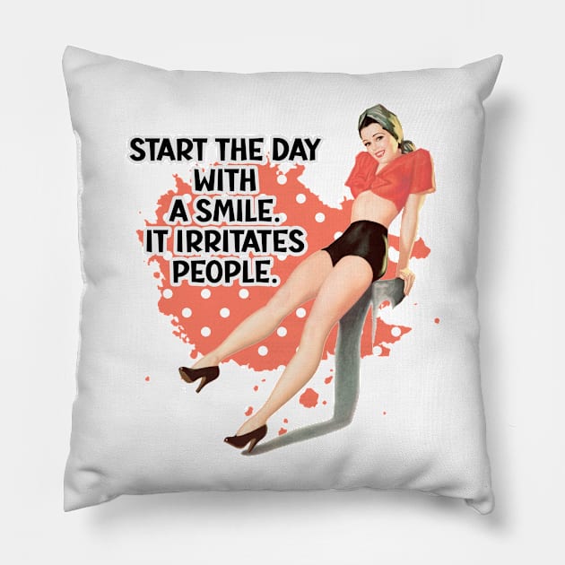 Start your day with a smile retro housewife humor cute pin-up girl Pillow by AdrianaHolmesArt