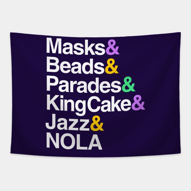 Marti Gras Helvetica (Masks, Beads, Parades, King Cake, NOLA) Tapestry by Boots