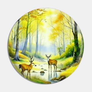 Deers In The Forest Watercolor Art Pin