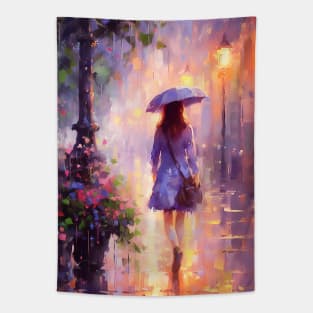 A woman with an umbrella walks along the evening street in the rain. Tapestry