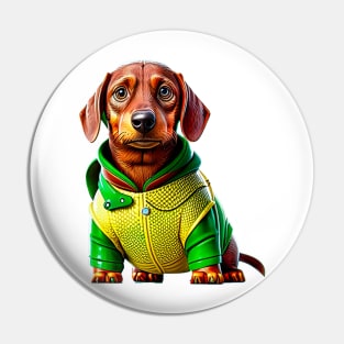 The Golden Wonder: Dachshund in a Gold and Green Scaled Suit Pin