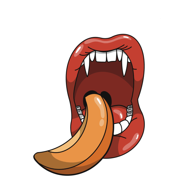 Mouth with vampire teeth about to take a bite into a slice of a peach by Fruit Tee