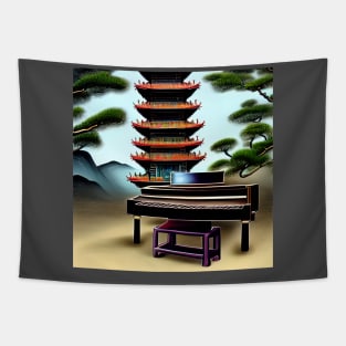 An Interesting Looking Piano In Front Of A Pagoda In The Chinese Countryside Tapestry