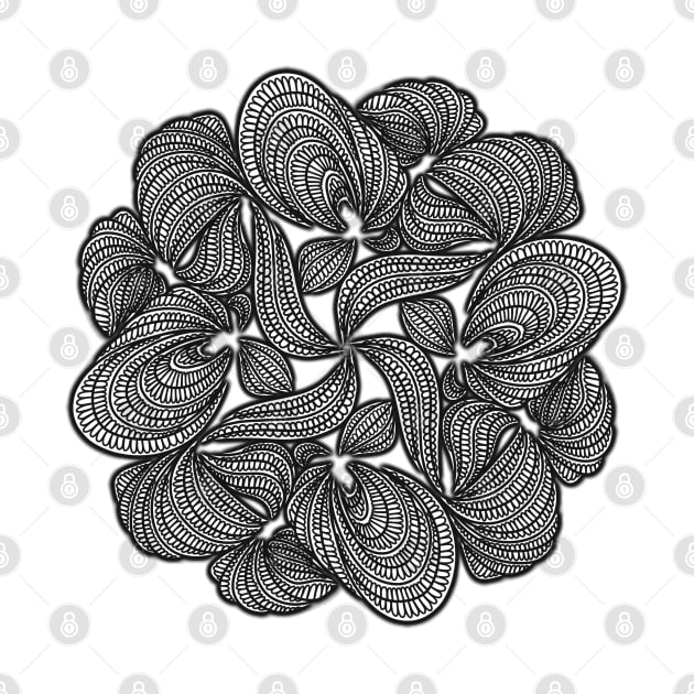 Stringy Mandala - Intricate Black and White Digital Illustration - Vibrant and Eye-catching Design for printing on t-shirts, wall art, pillows, phone cases, mugs, tote bags, notebooks and more by cherdoodles