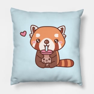 Cute Red Panda Loves Drinking Bubble Tea Pillow