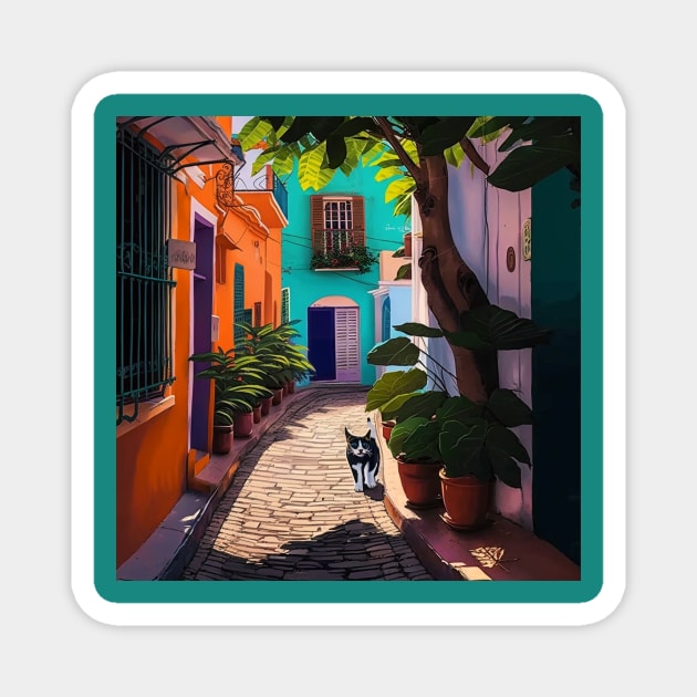 Old San Juan Colorful Homes, Plants and Cats Magnet by TheJadeCat