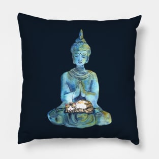 Watercolor Stone Buddha Statue with Sleeping Calico Cat Pillow