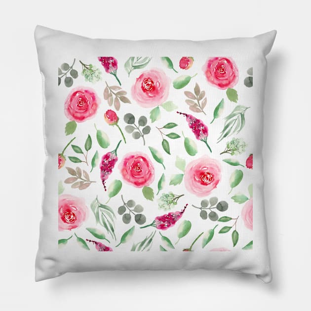 Red Roses  | Watercolor | Pattern | White Pillow by Harpleydesign