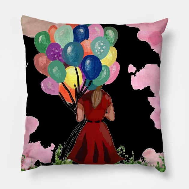 A girl holding balloons Pillow by Art by Ergate