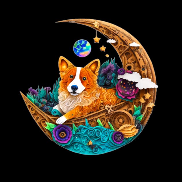 Corgi Dog in Space on Crescent Moon Planets Stars Cute Art Digital Painting by joannejgg