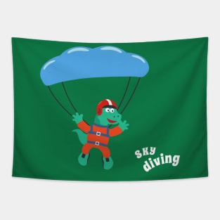 cartoon illustration of skydiving with litlle dinosaur Tapestry