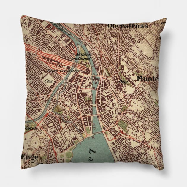 Old Zurich Switzerland Map (1921) Vintage Swiss City & Street Atlas Pillow by Bravuramedia