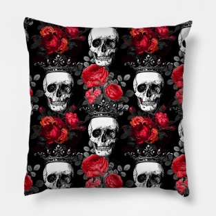 Skulls crowns and faded red roses on a dark black background Pillow