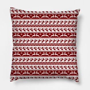 Dark Christmas Candy Apple Red Nordic Reindeer Stripe in White Pillow