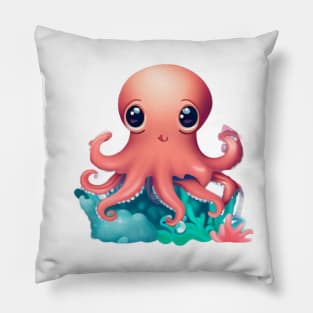 adorable pink octopus with coral reef Pillow