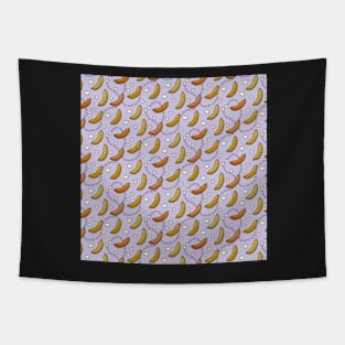 Hilarious Wiener Sausages and chunky Pop Corns pattern on pale purple background Tapestry