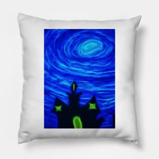 stylized haunted house silhouetted against a blue sky Pillow